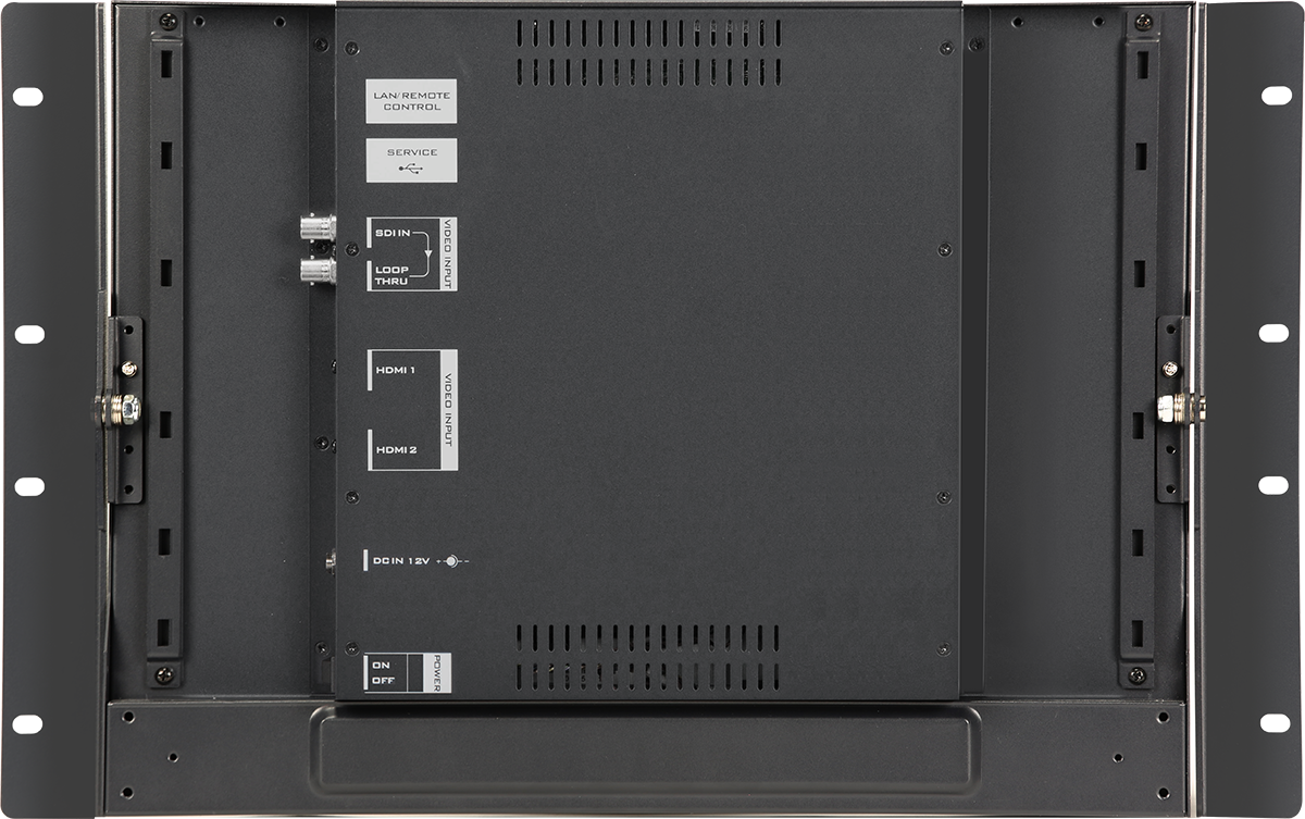 Zadní panel Datavideo TLM-170LR se vstupem a průchozím výstupem SDI, dvěma vstupy HDMI a napájením 12 V