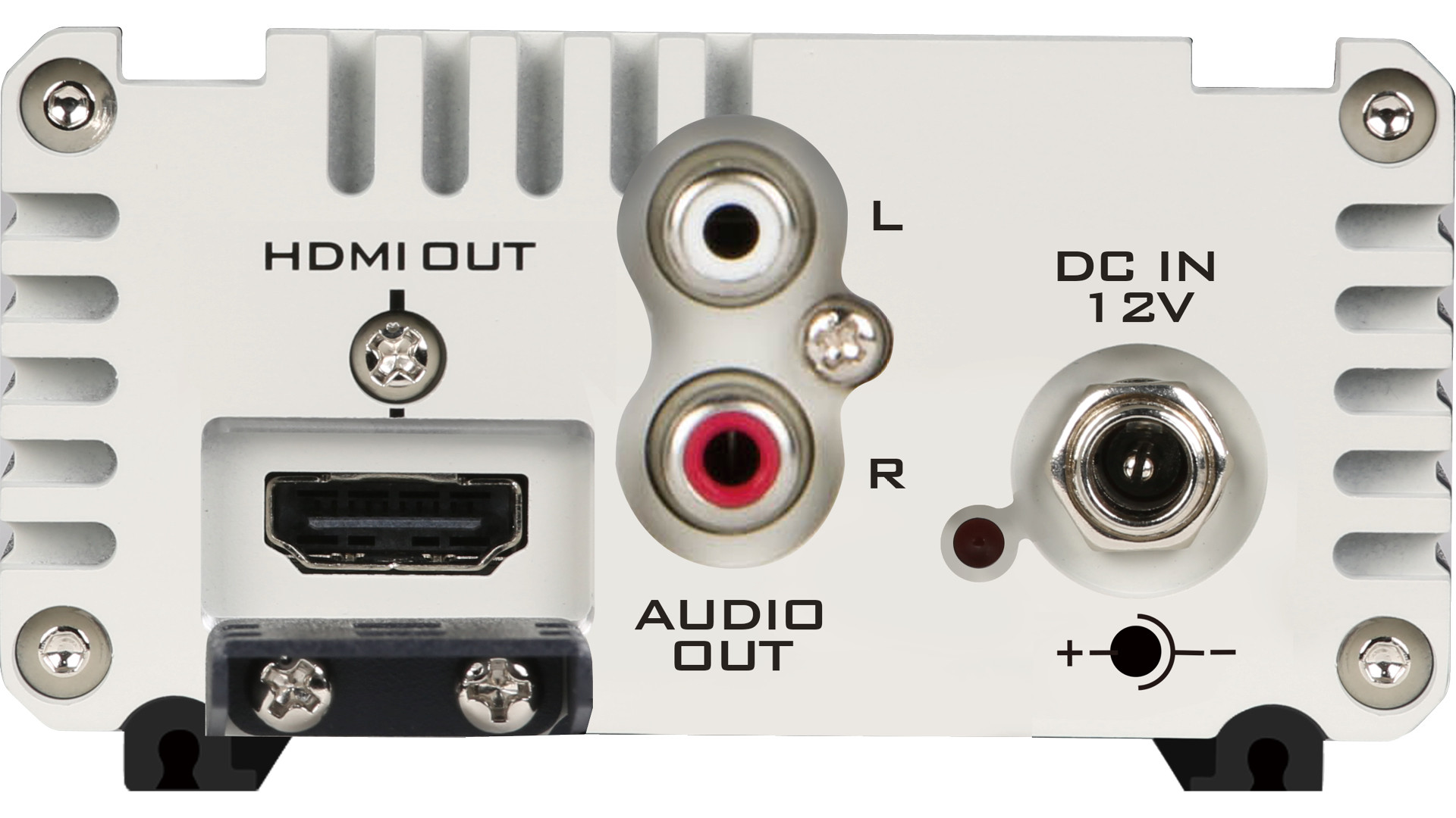 Konektory HDMI, stereo RCA audio a napájení 12 V