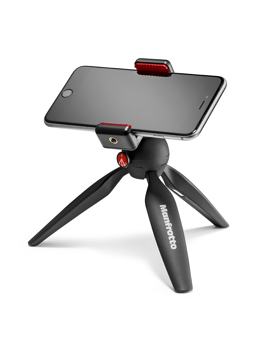 Manfrotto MCLAMP s telefonem na mini stativu PIXI