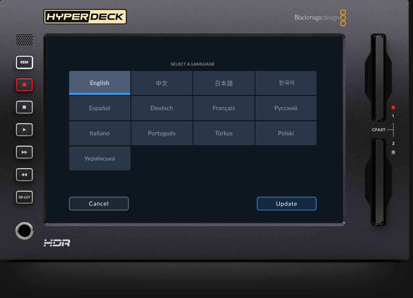 HyperDeck Extreme 4K HDR – Menu ve 13 jazycích