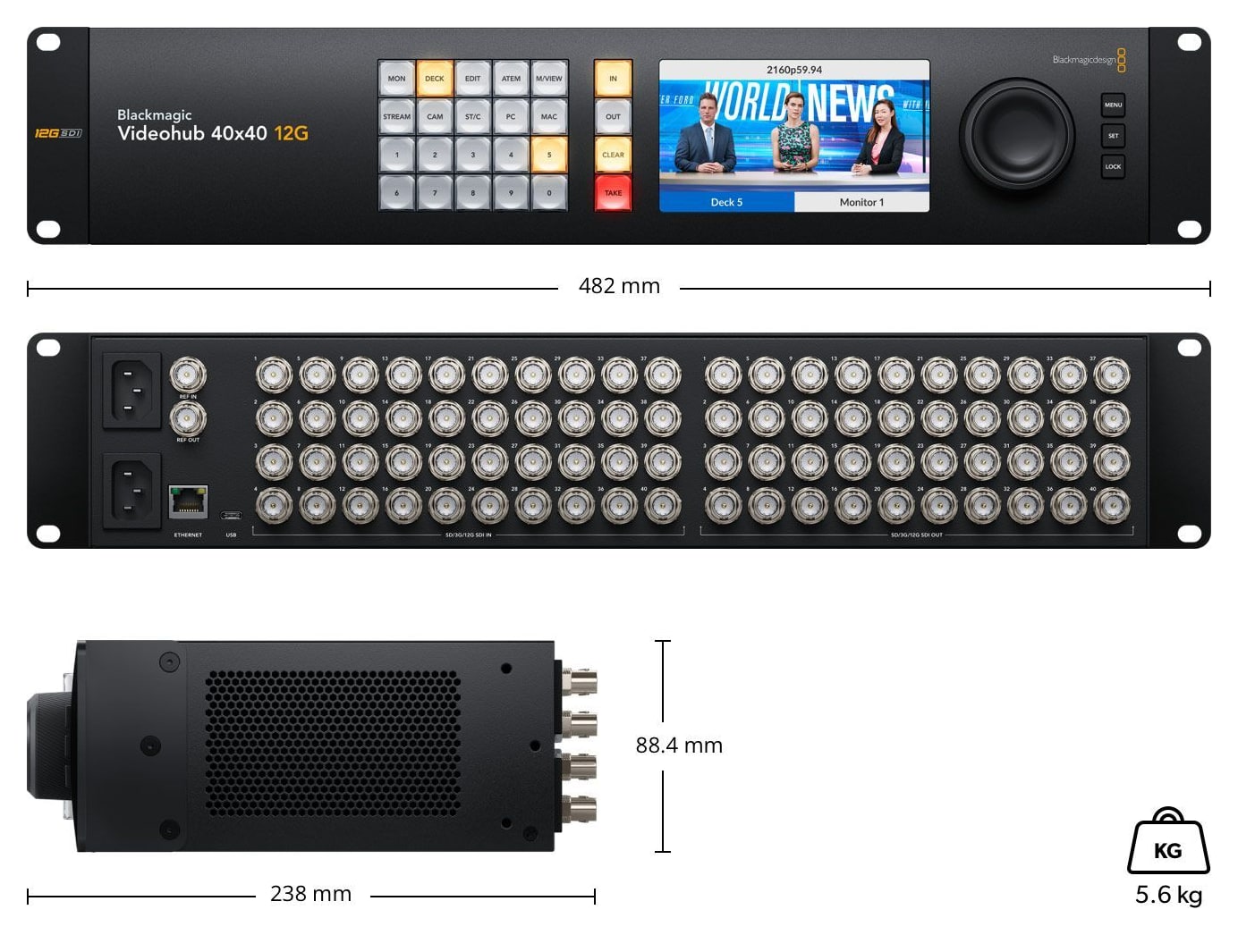 Blackmagic Videohub 40x40 12G – Rozměry a hmotnost