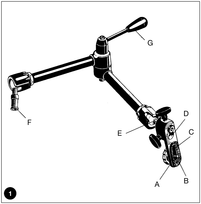 Celý obrázek 1 z návodu k ramenu Manfrotto 143 s označením držáku 143BKT a součástí ramene