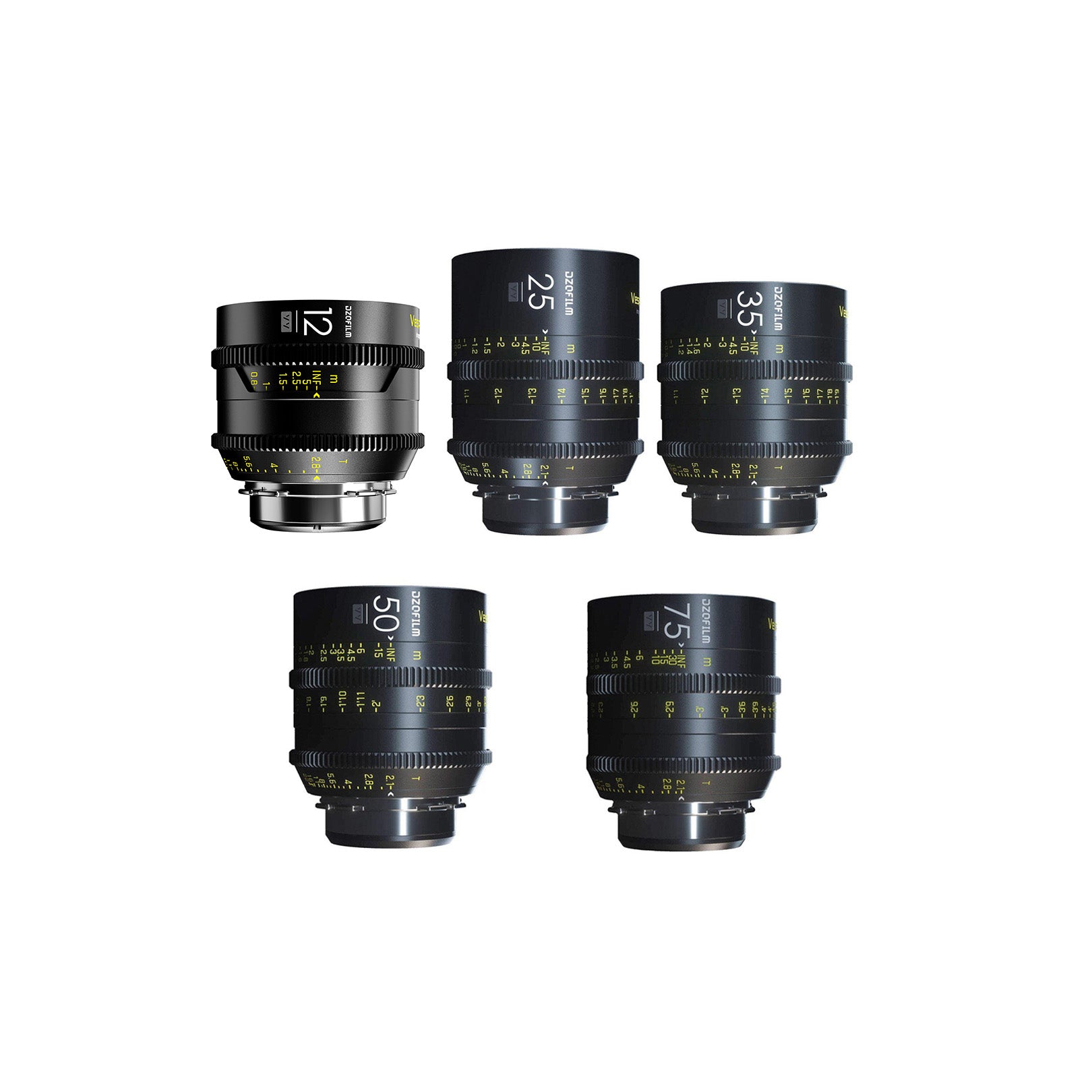 Pět objektivů DZOFilm Vespid Prime 12, 25, 35, 50 a 75 mm