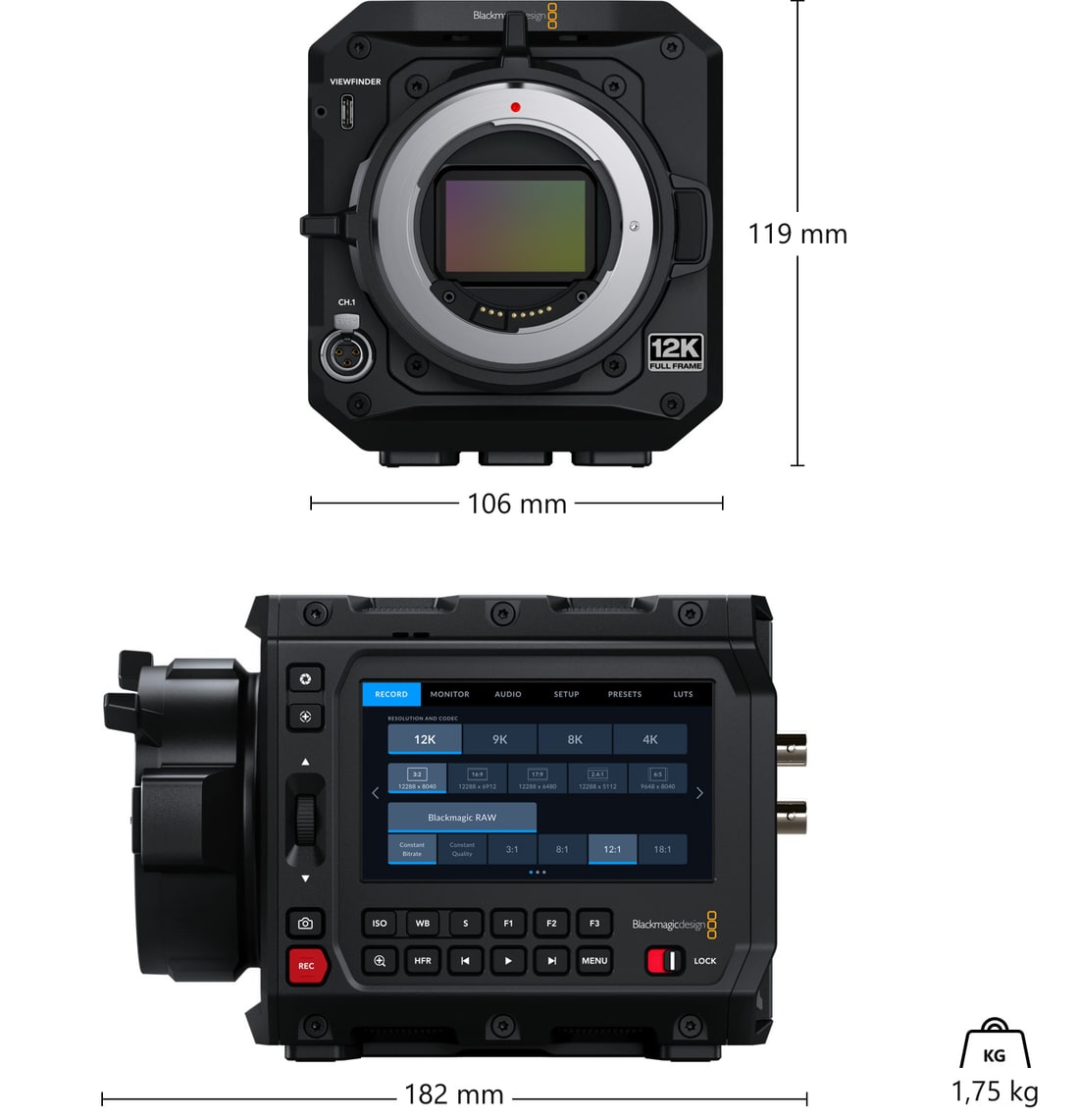 Blackmagic PYXIS 12K EF – Rozměry a hmotnost