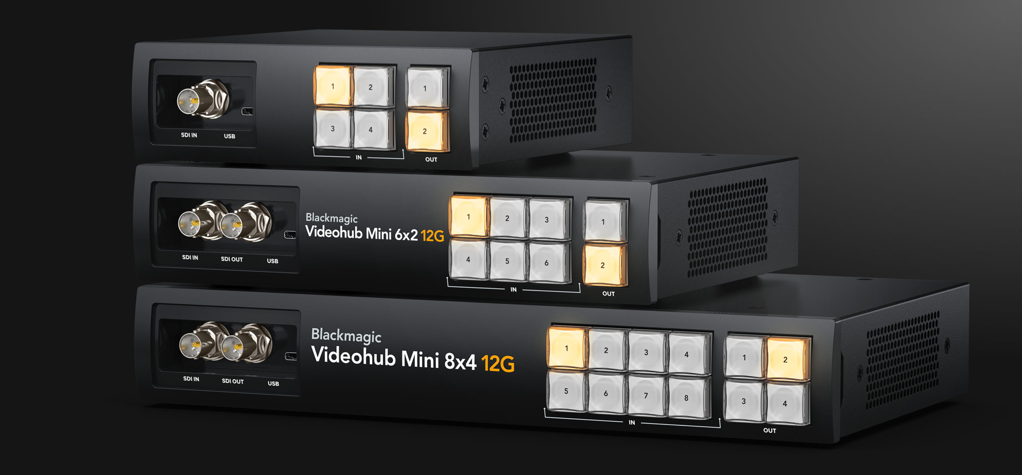 Rodina Blackmagic Videohub Mini – modely a čelní ovládání