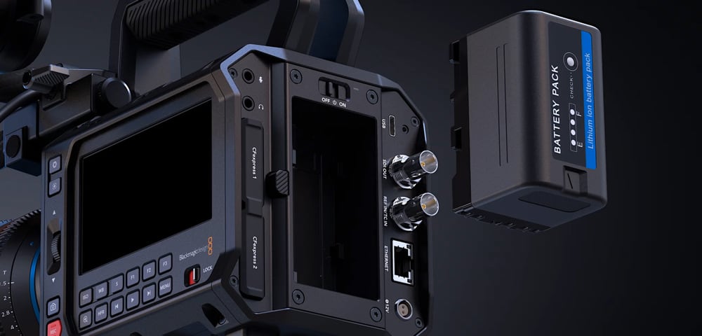 Blackmagic PYXIS 12K (L-Mount) – Baterie BP-U a uzamykatelný DC vstup