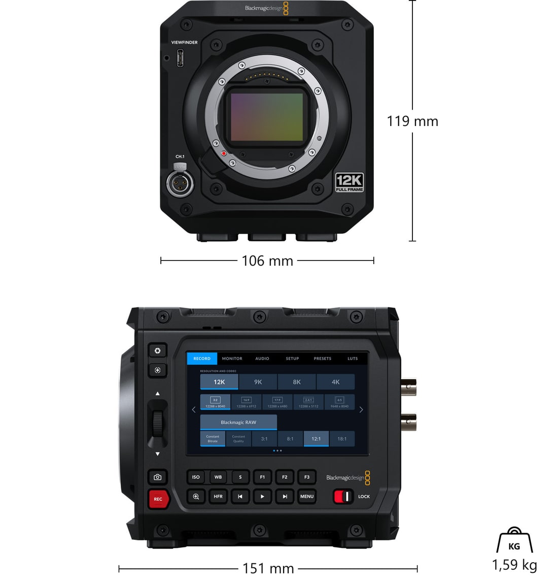 Blackmagic PYXIS 12K (L-Mount) – Rozměry a hmotnost