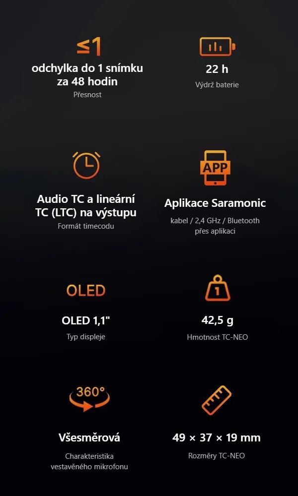 Přehled parametrů Saramonic TC-NEO