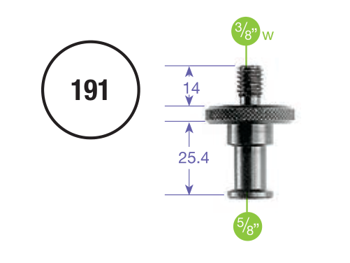 Výkres výrobce Manfrotto 191: vnější závit 3/8 palce W a hladký čep 5/8 palce