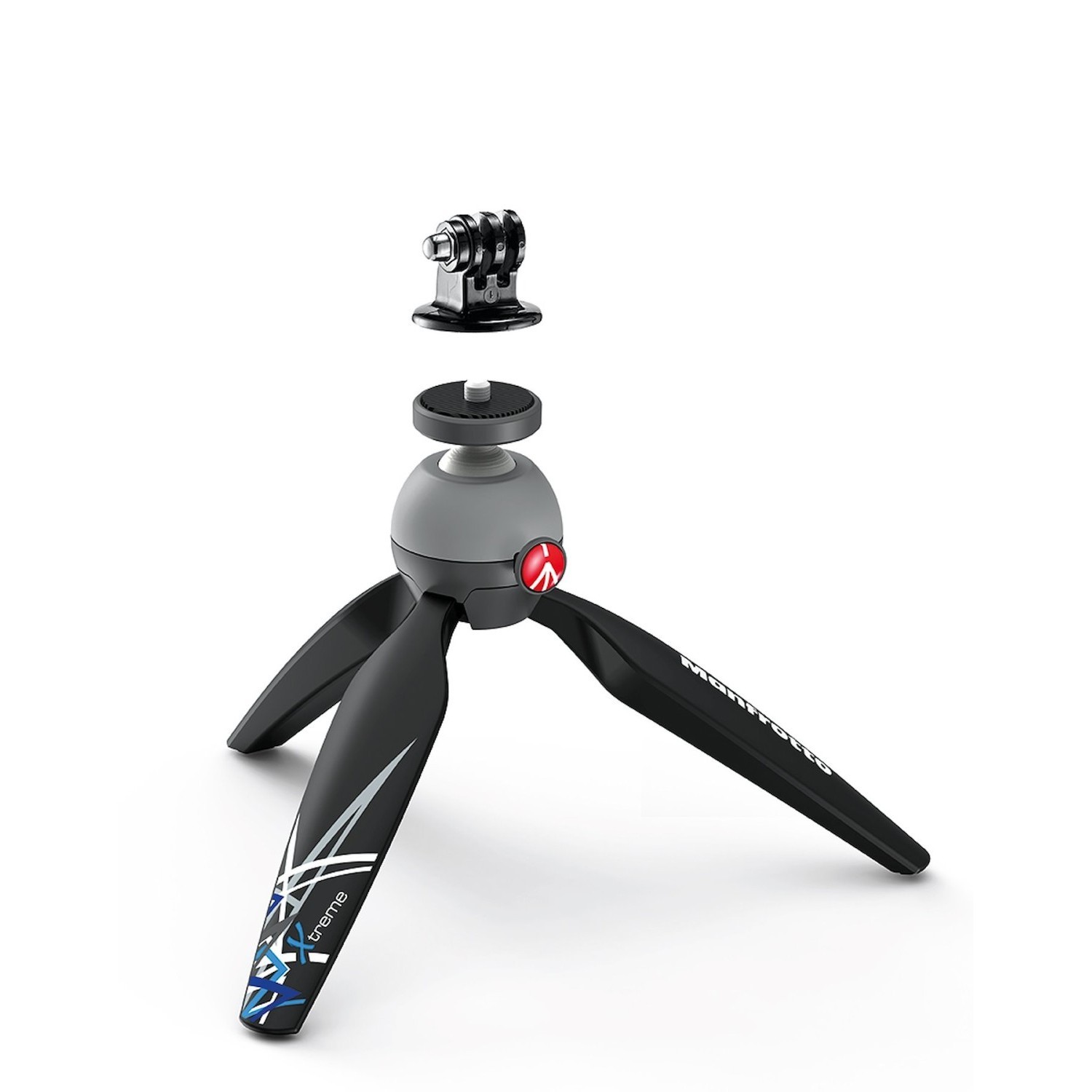 Stativ Manfrotto PIXI Xtreme a přiložený odnímatelný adaptér GoPro