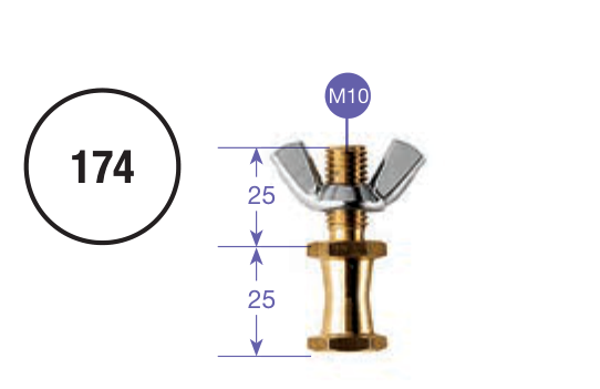 Výkres přesného modelu Manfrotto 174 s označením M10 a dvěma kótami 25 mm
