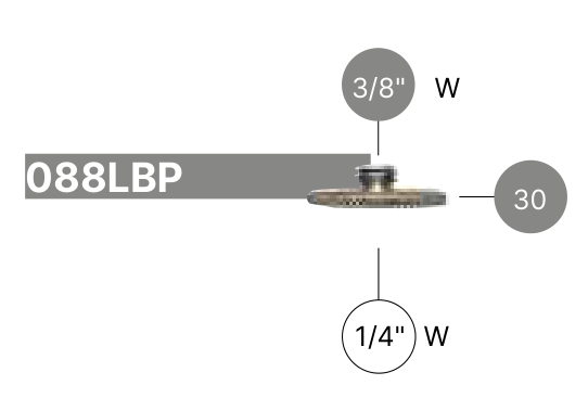 Přesný výkres výrobce 088LBP s vnějším závitem 3/8, vnitřním 1/4 a přírubou 30 mm