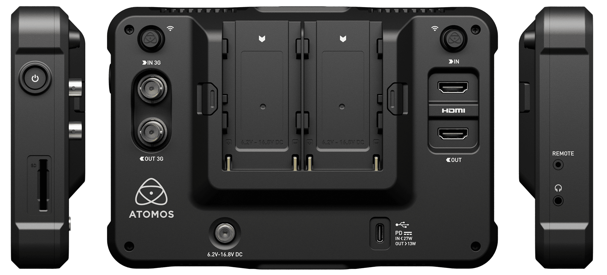 Zadní konektory a dva sloty NP-F monitoru Atomos Shinobi 7 RX