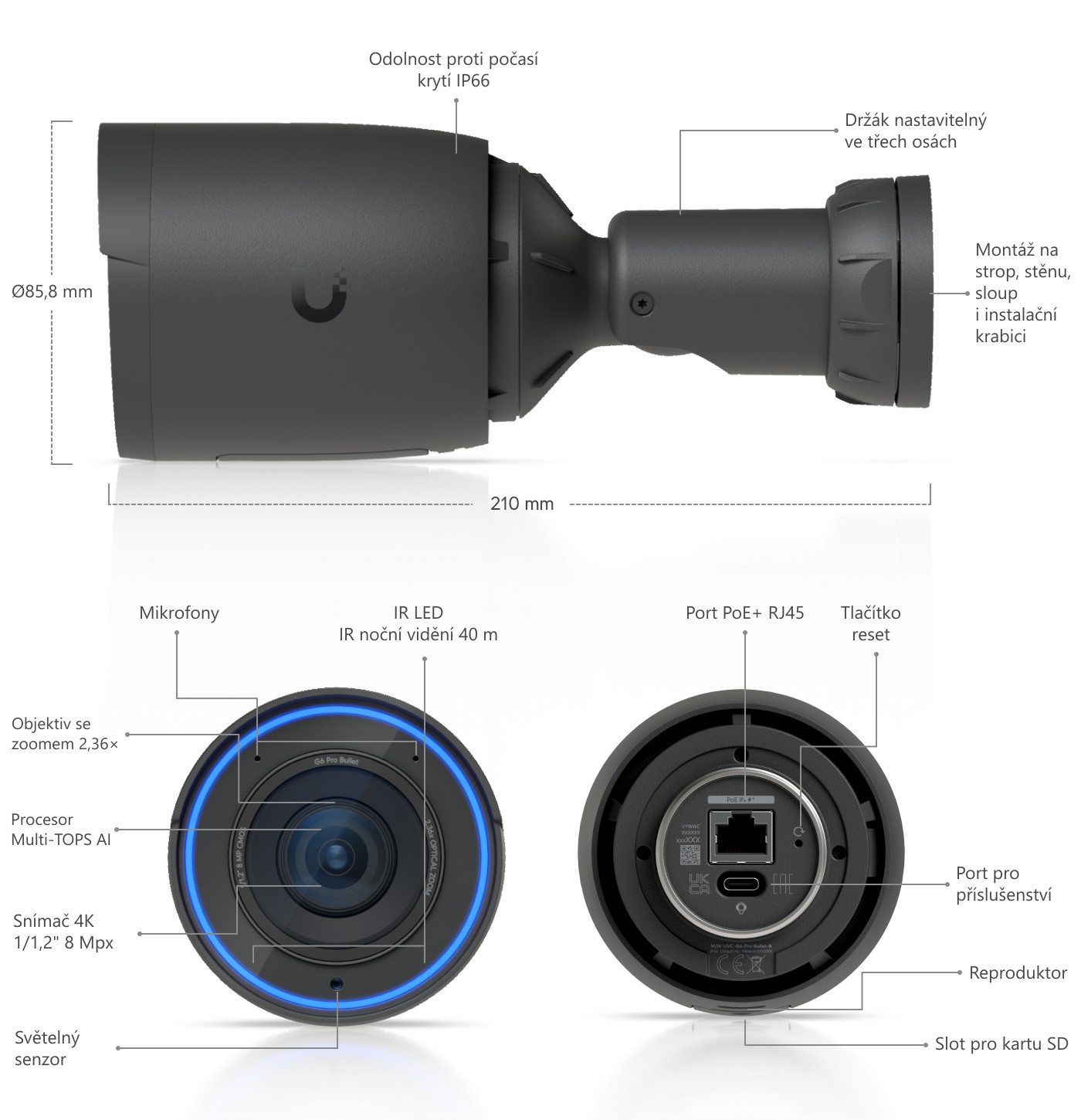 Ubiquiti UniFi Protect G6 Pro Bullet, černá – popis kamery a rozměry
