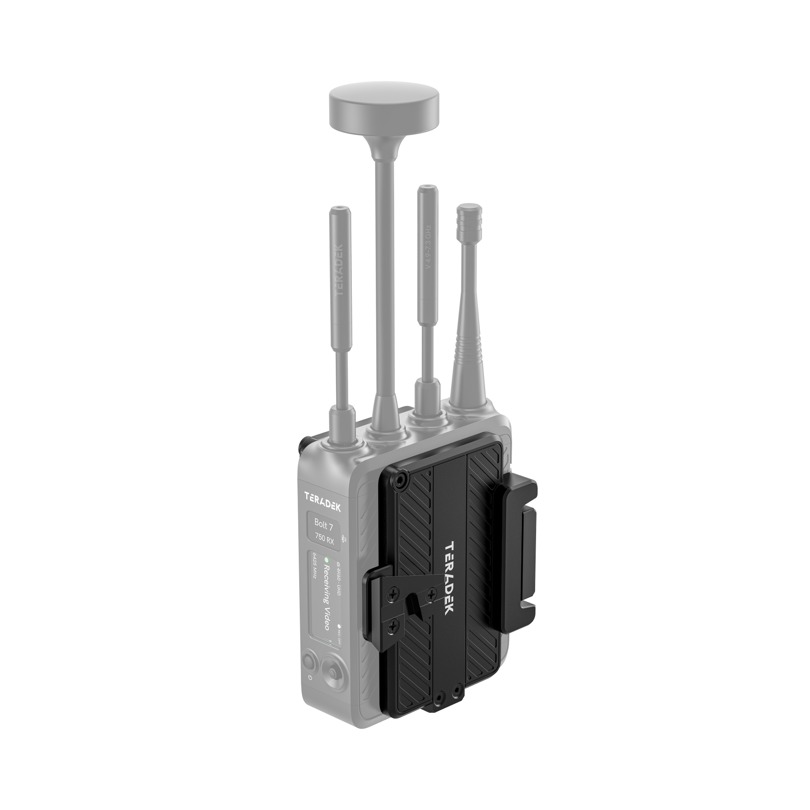 V-Mount battery cradle namontovaný na přijímači Teradek Bolt 7