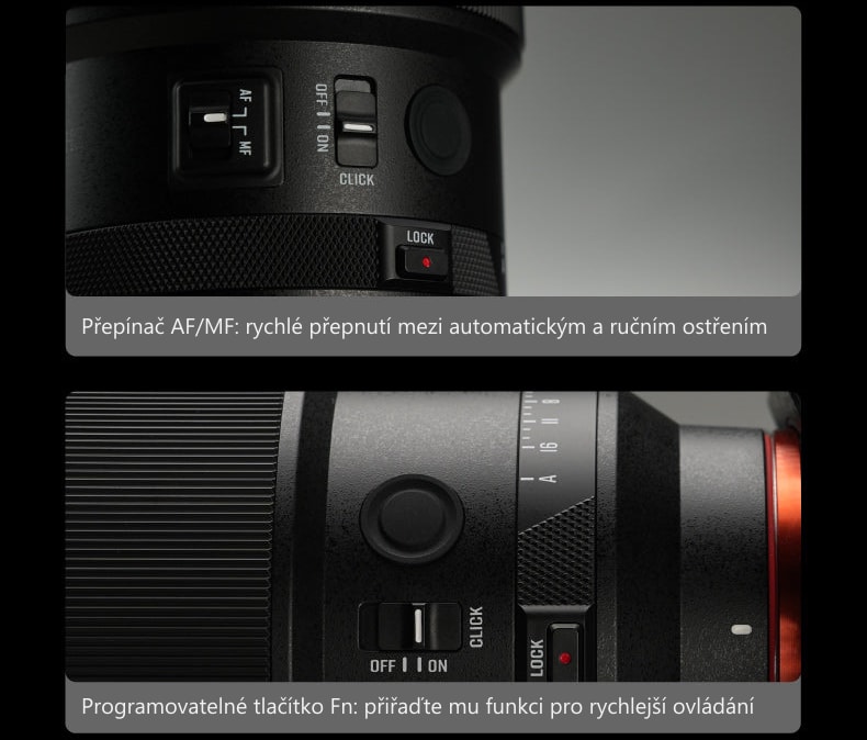 Meike 85mm F1.4 STM MIX II FE – Ovládací prvky na těle objektivu