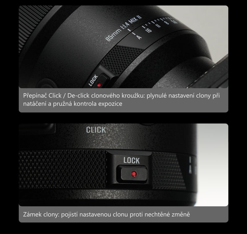 Meike 85mm F1.4 STM MIX II FE – Ovládací prvky na těle objektivu