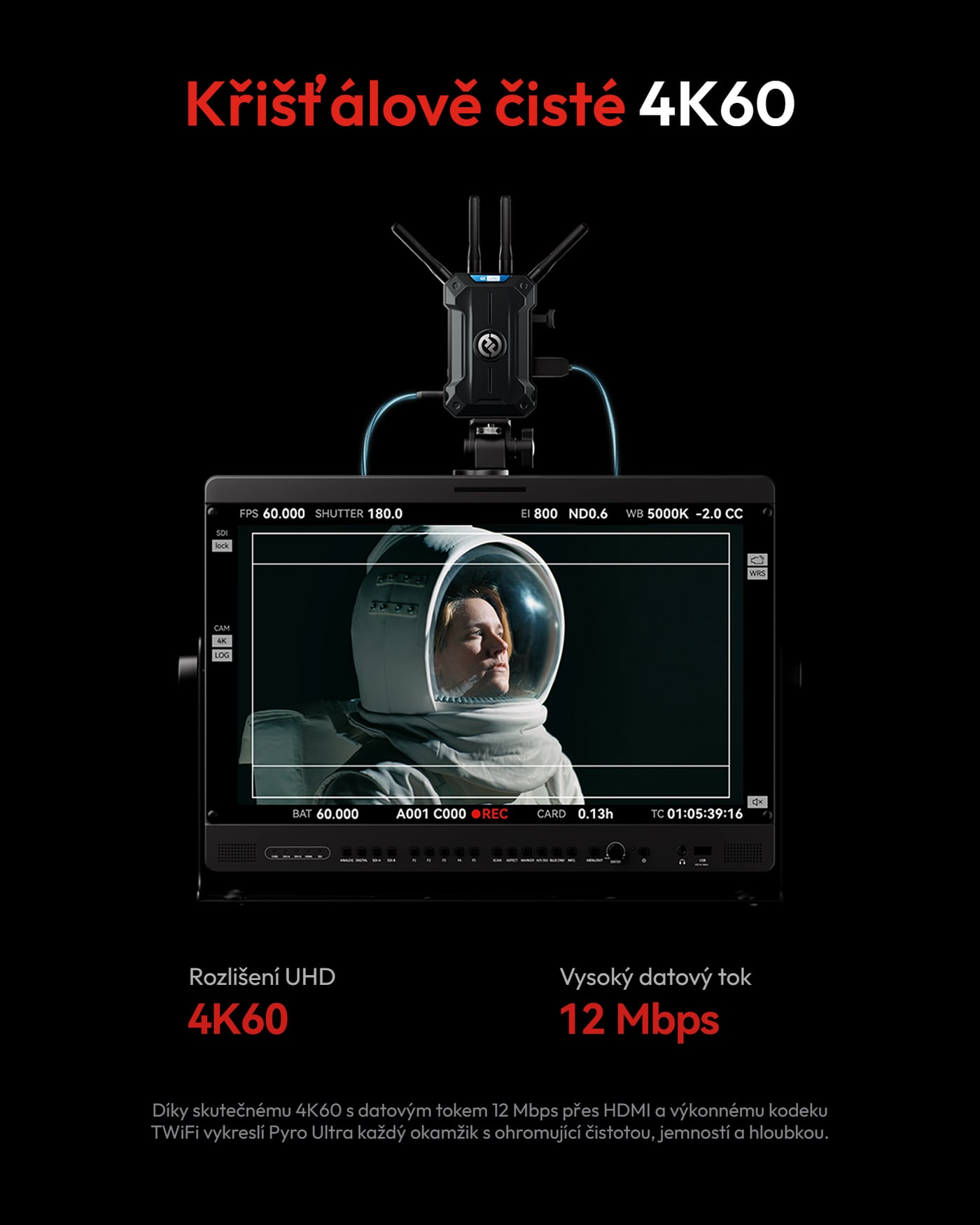 Hollyland Pyro Ultra TX – Skutečné 4K60 s datovým tokem 12 Mbps