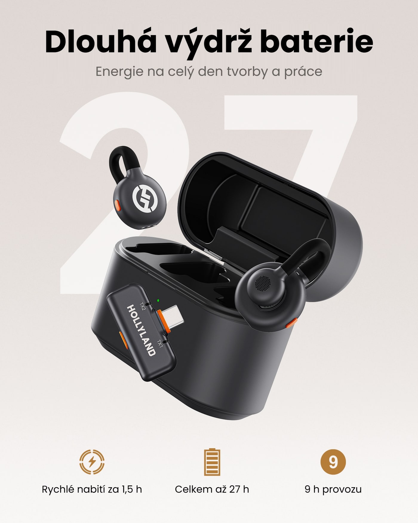 Hollyland LARK M2S přijímač USB-C (Space Gray) – Mobilní sada a její výdrž