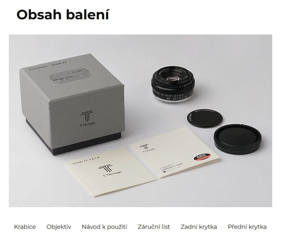 TTArtisan APS-C 25mm F2 – Obsah krabice