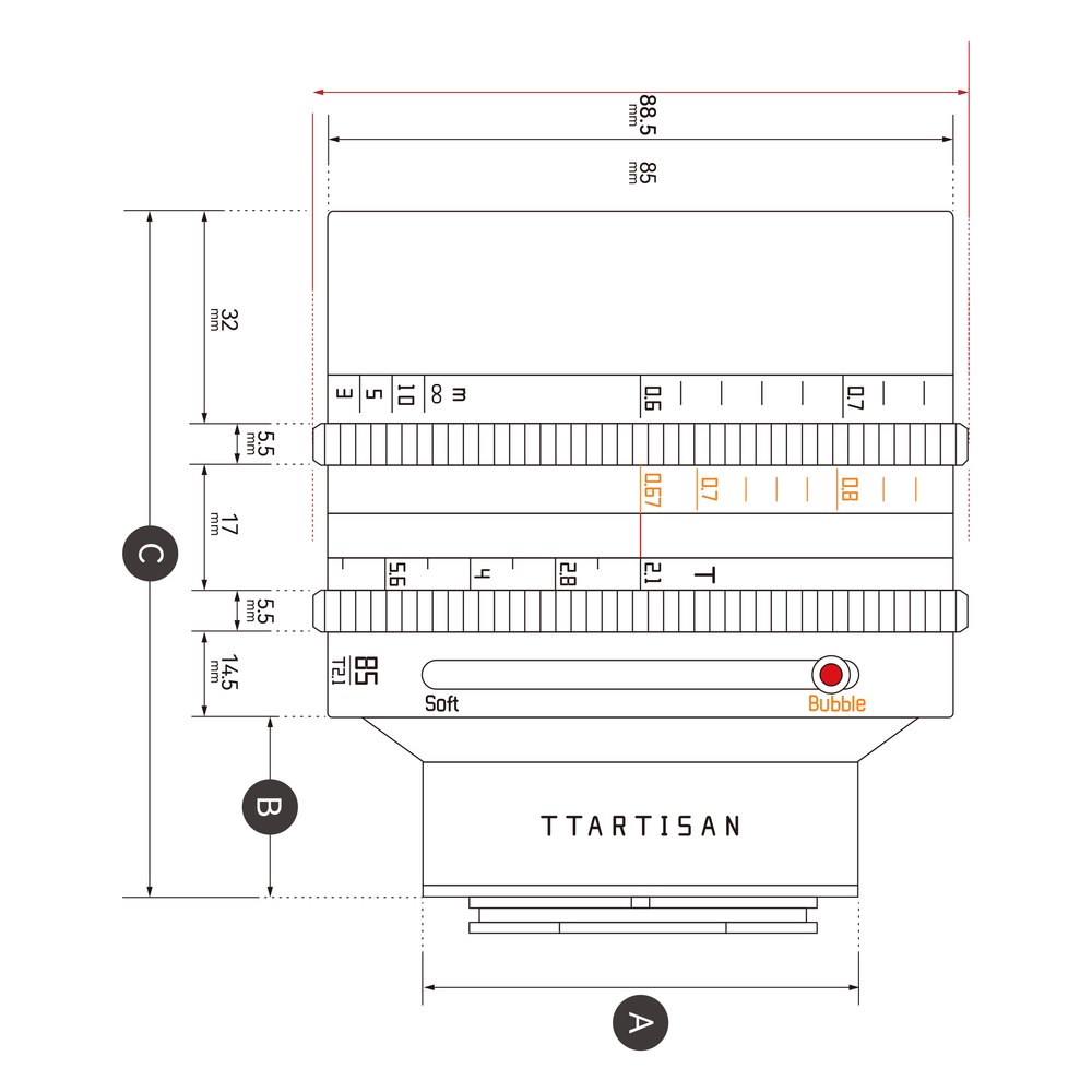 TTArtisan Cine 85mm T2.1 – Přepínač Bubble / Soft a dvě stupnice
