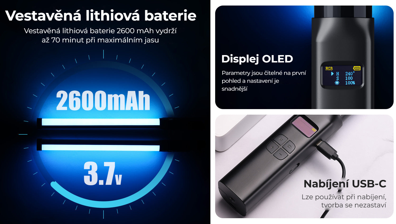 Ulanzi VL119 ruční RGB LED tyč – Baterie, displej a USB-C