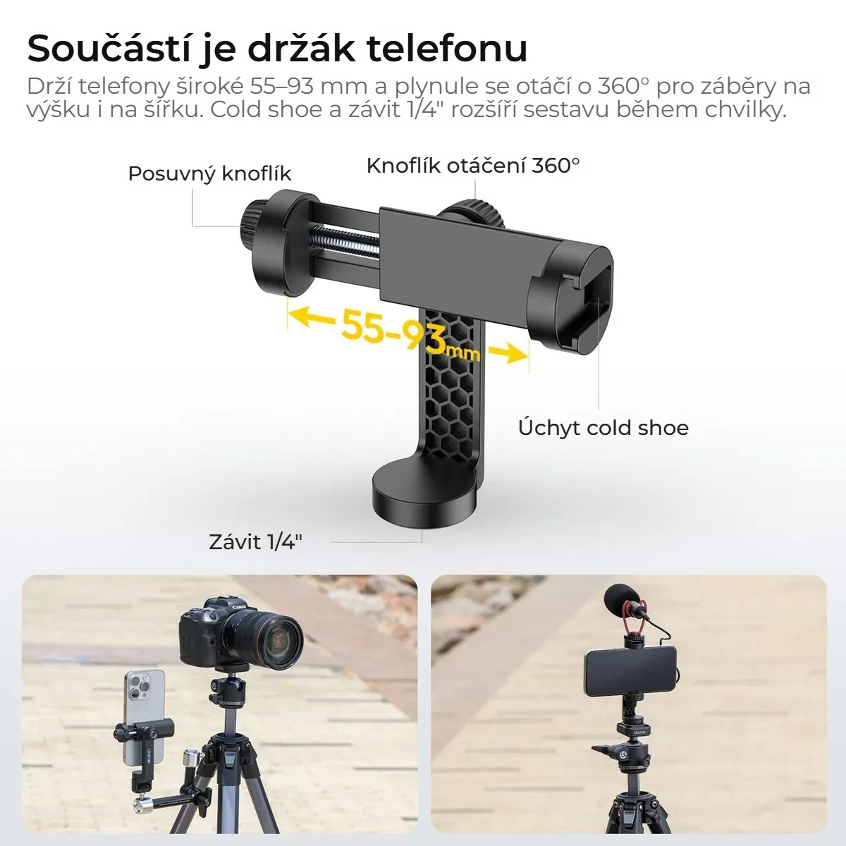 Ulanzi OMBRA II YING cestovní stativ černý – Držák telefonu v balení
