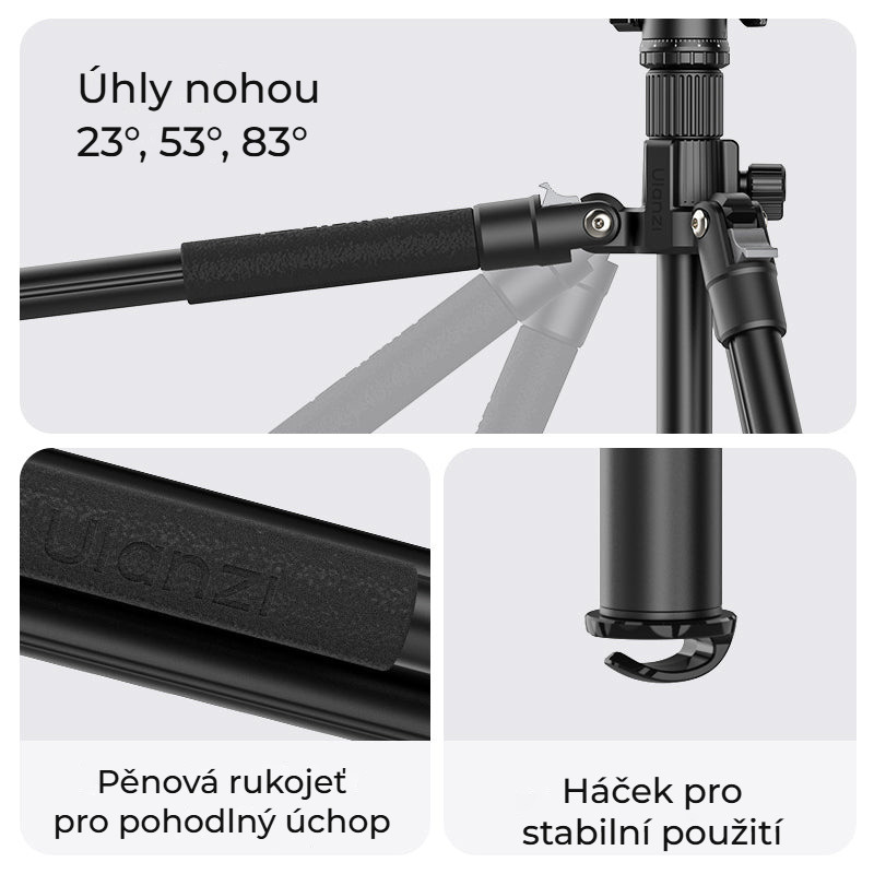 Ulanzi 1.8m Lightweight Mirrorless Tripod – Tři úhly nohou, pěnová rukojeť a hák