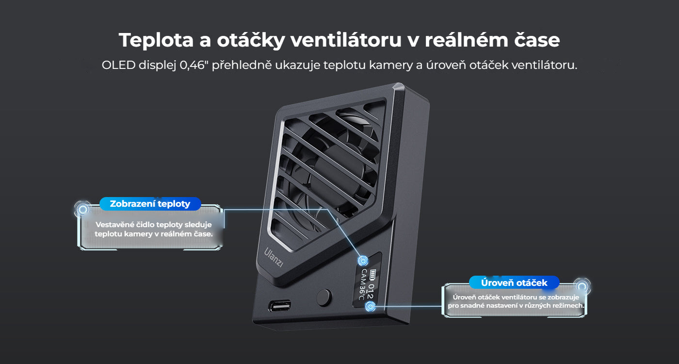Ulanzi CA25 chladicí ventilátor pro fotoaparáty – OLED displej v reálném čase