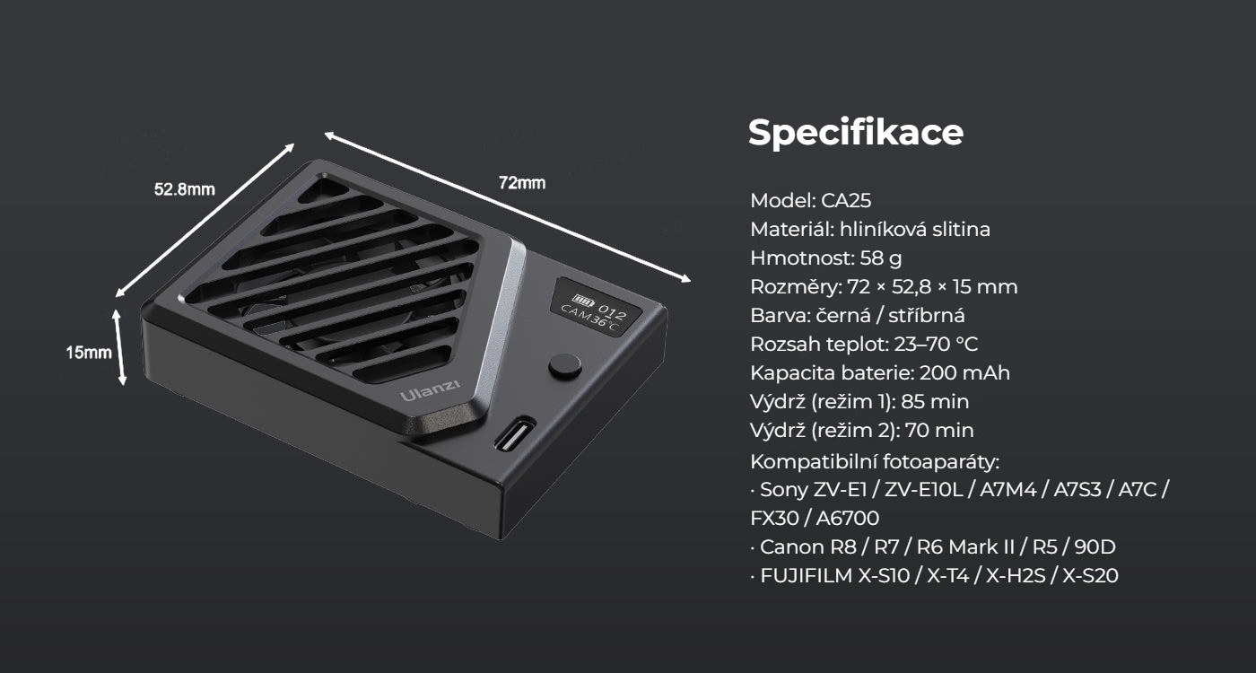 Ulanzi Camera Cooling Fan V3 stříbrný – Rozměry a kompatibilita