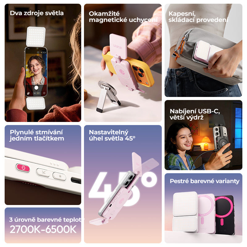 Ulanzi GL01 GlowUp světlo (Sakura Pink) – Přehled funkcí