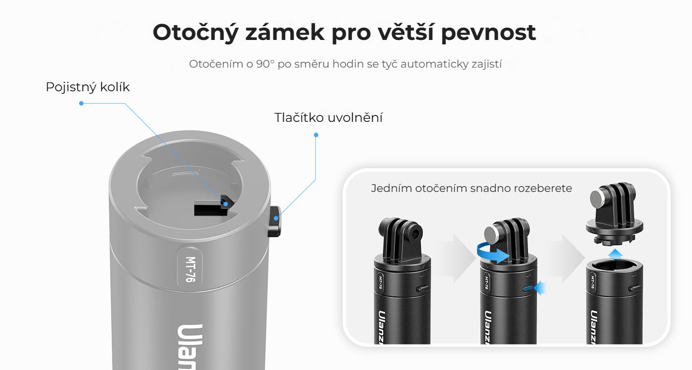 Ulanzi MT-76 Go-Quick II selfie tyč 1,5 m – Otočný zámek pro větší pevnost