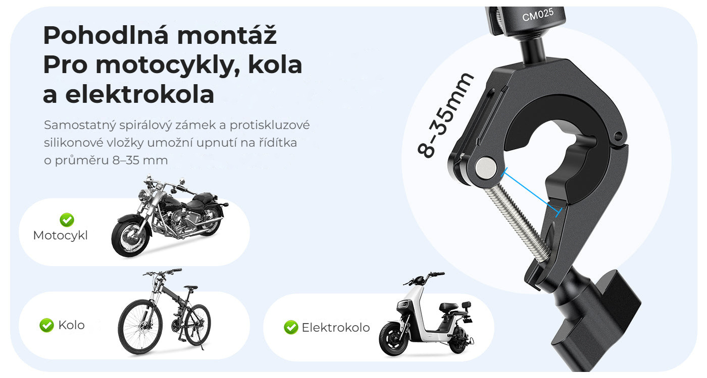 Ulanzi CM025 držák na řídítka pro akční kamery – Pro motorky, kola i elektrokola