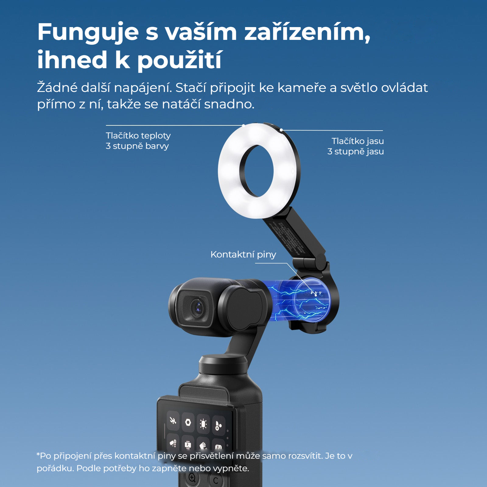 Ulanzi LM004 kruhové přisvětlení pro DJI Osmo Pocket 4 – Napájení a ovládání z kamery