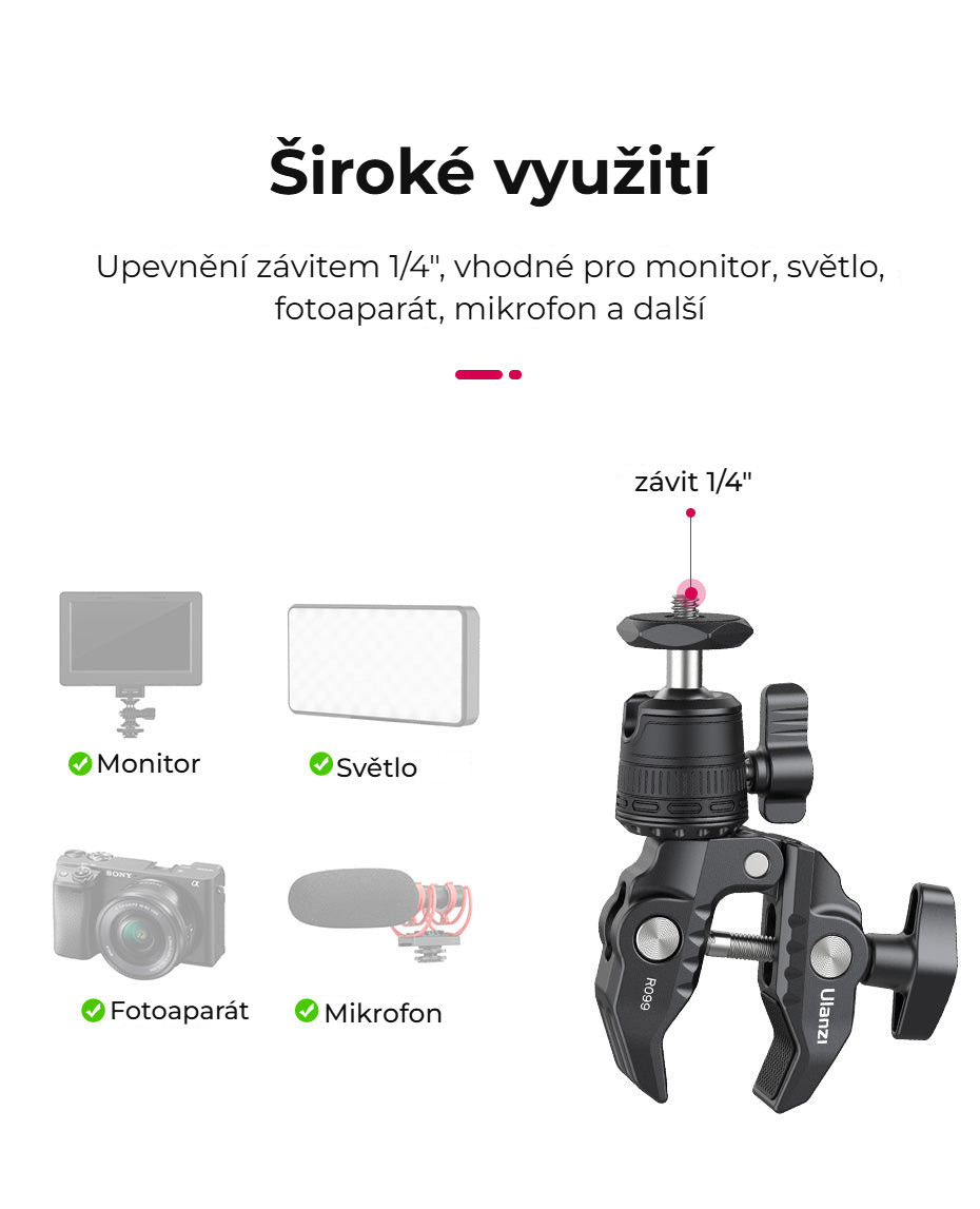 Ulanzi R099 svorka s mini kulovou hlavou – Šroub 1/4″ pro monitor, světlo i mikrofon