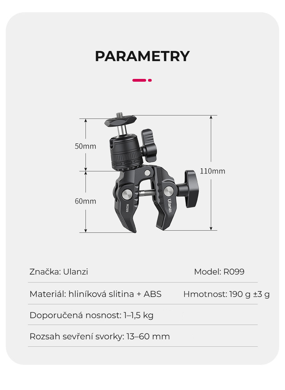 Ulanzi R099 svorka s mini kulovou hlavou – Parametry