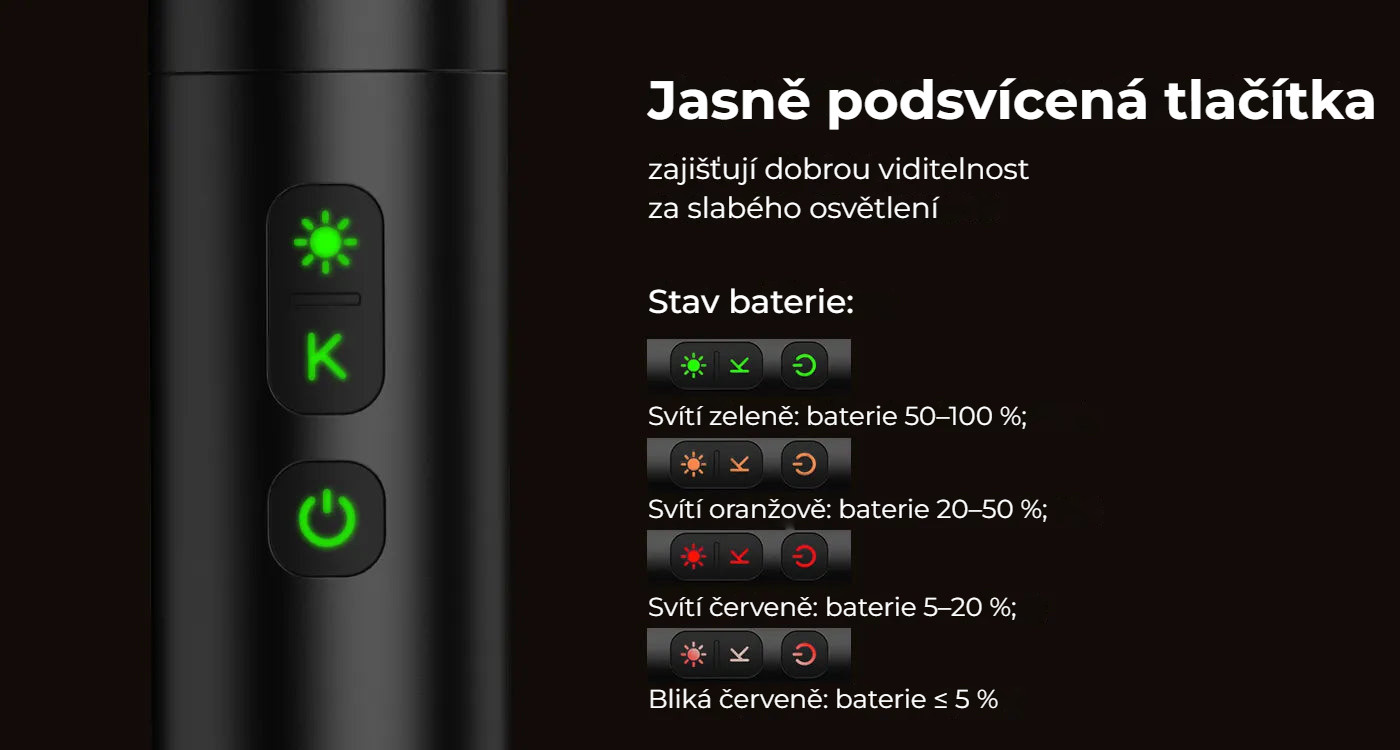 Ulanzi LM07 Videography Flashlight – Podsvícená tlačítka a indikace baterie